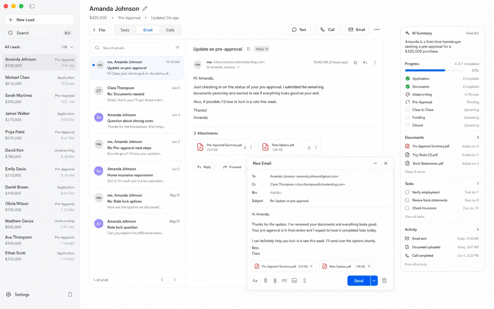 Clara Desktop contextual email workspace with the selected file, messages, documents, tasks, and progress together