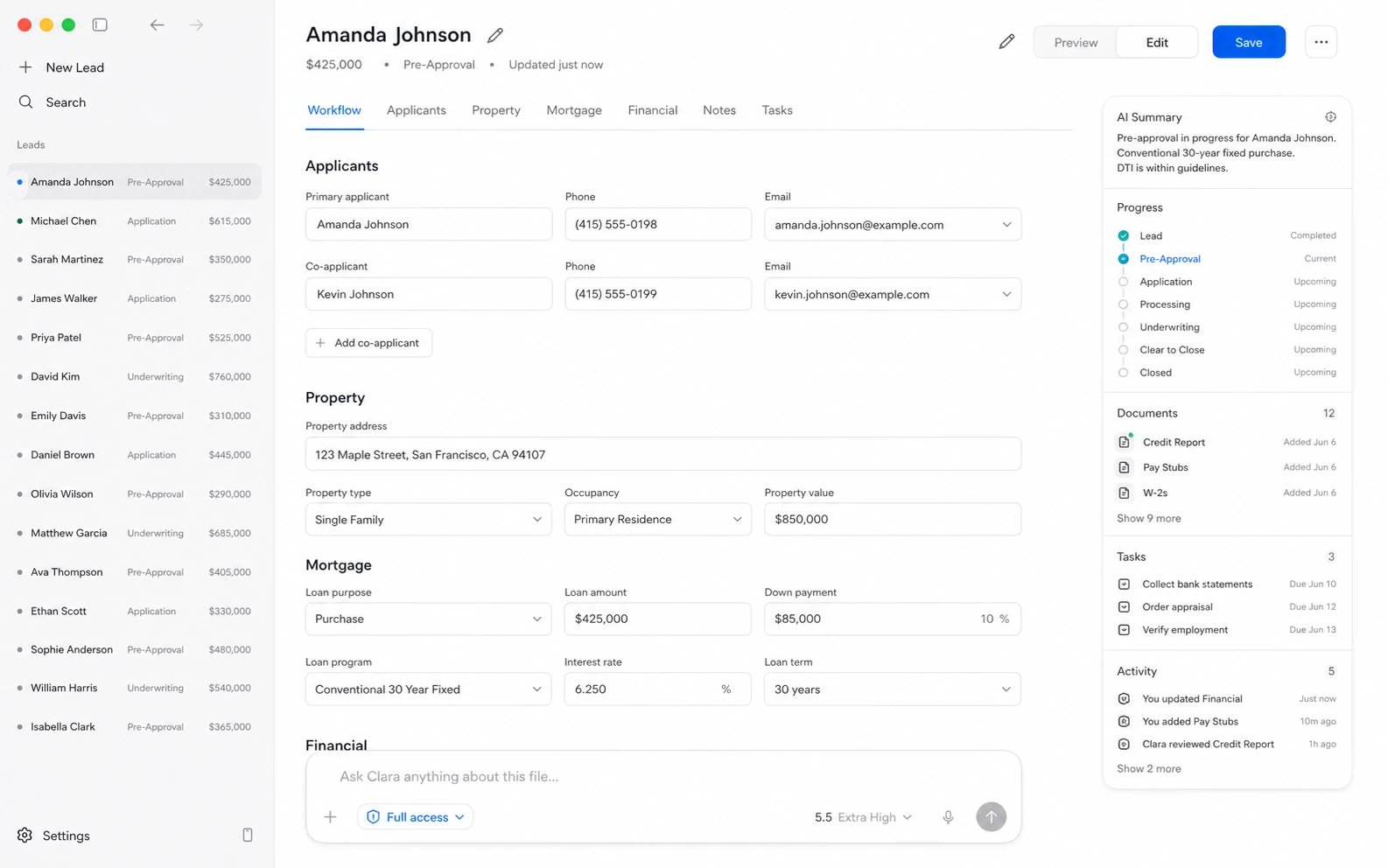 Clara Desktop file editor with applicants, property, mortgage, documents, tasks, and file progress